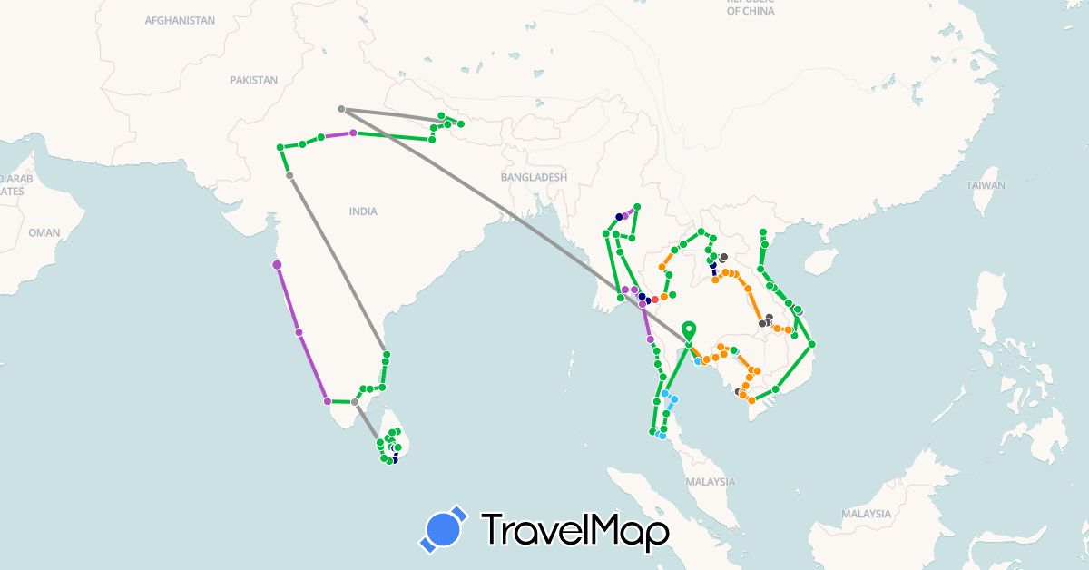 TravelMap itinerary: driving, bus, plane, cycling, train, hiking, boat, hitchhiking, motorbike, electric vehicle in India, Cambodia, Laos, Sri Lanka, Myanmar (Burma), Nepal, Thailand, Vietnam (Asia)